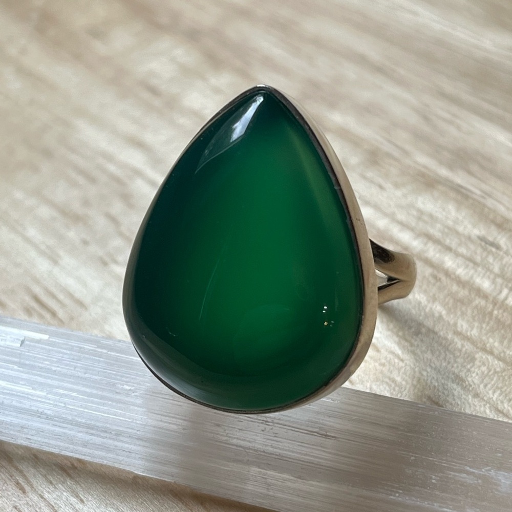 Solid 925 Sterling Silver Gemstone Ring Green Ony… - image 1